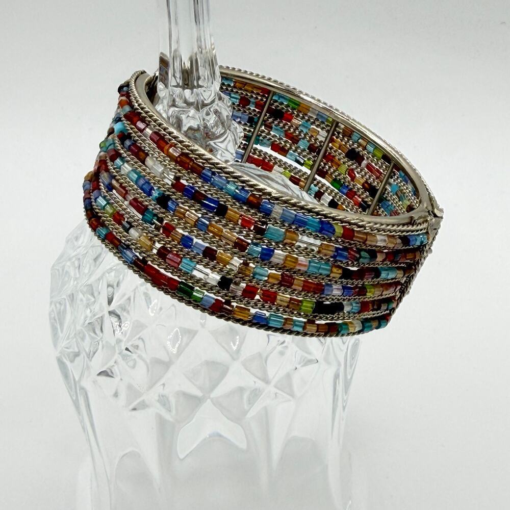 Multicolor Beaded Cuff Bracelet – Mosaic Stripe Design (Size M)